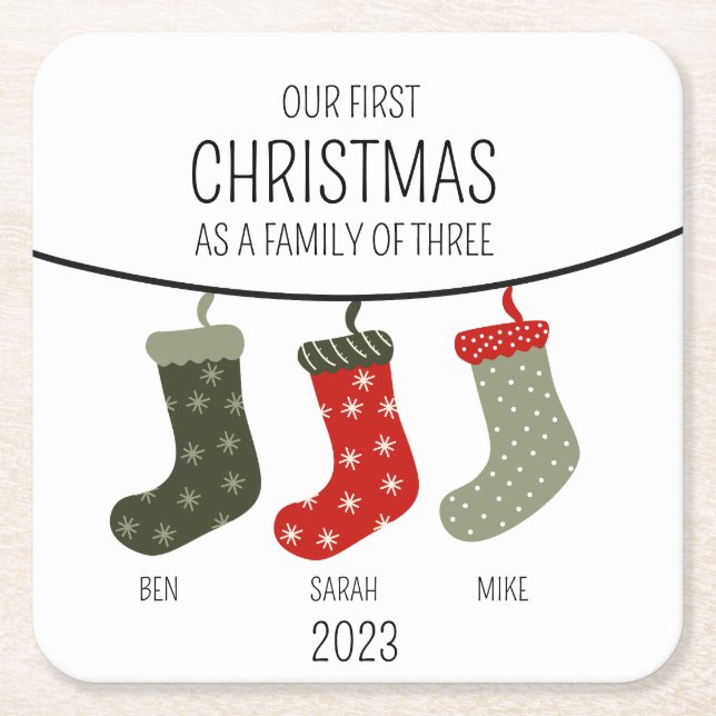 First Christmas as a family of three Square Paper Coaster (Front)