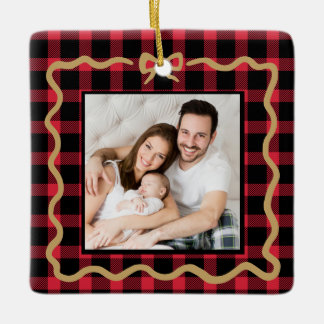 First Christmas as a Family Red Buffalo Plaid Ceramic Ornament