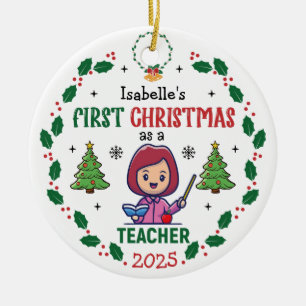 First Christmas As A Teacher Custom Name Round Ceramic Tree Decoration