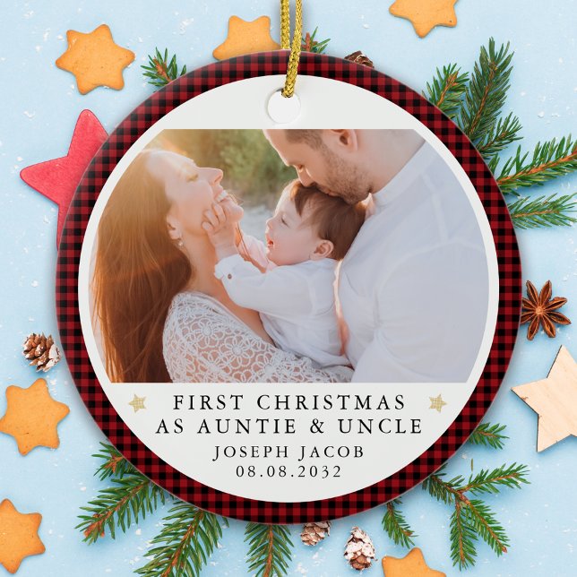 First Christmas as Auntie & Uncle Photo Plaid Ceramic Tree Decoration (Creator Uploaded)