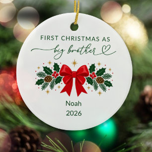 First Christmas as Big Brother Red Bow and Holly Ceramic Tree Decoration