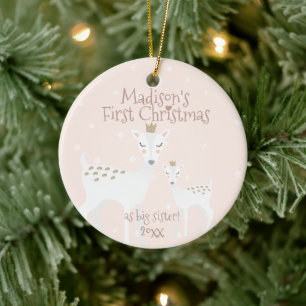 First Christmas as big sister - Cute Deer - Pink Ceramic Tree Decoration