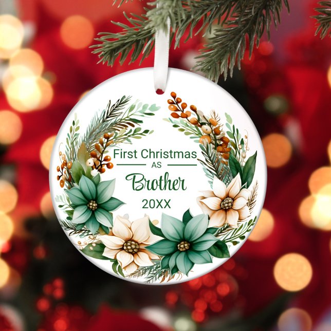 First Christmas as Brother White Green Poinsettias Ceramic Tree Decoration (Creator Uploaded)