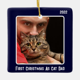 First Christmas As Cat Dad 2 Cat Photo Navy Blue Ceramic Ornament