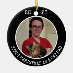 First Christmas As Cat Dad 2 Photo 2 Sided Black Ceramic Tree Decoration