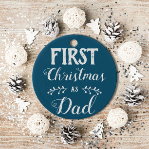 First Christmas as Dad blue with baby's photo Ceramic Tree Decoration