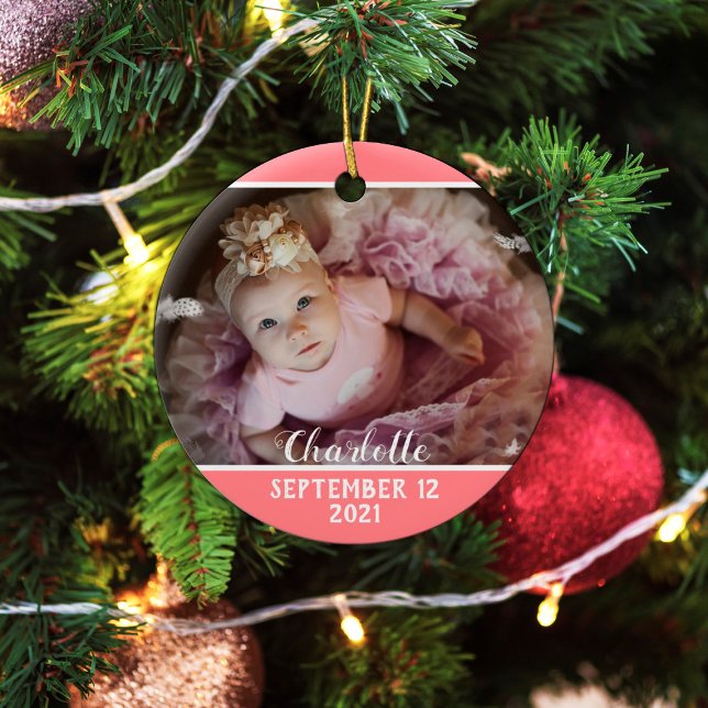 First Christmas as Dad pink with baby's photo Ceramic Tree Decoration (Creator Uploaded)