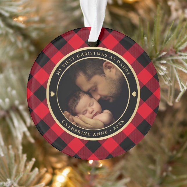 First Christmas as Dad Rustic Red Plaid Photo Ornament (Tree)