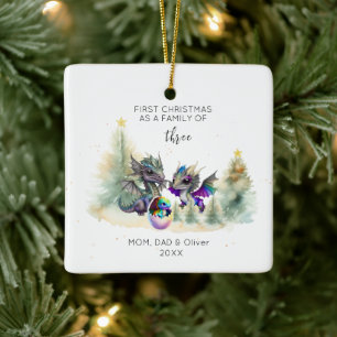 First Christmas as Family of 3 Neon Dragon Square Ceramic Ornament