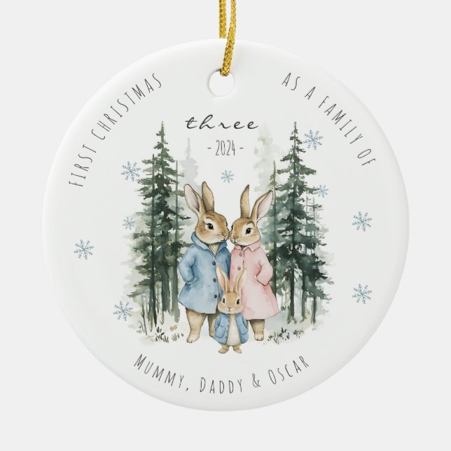 First Christmas As Family of Three Baby Boy Ceramic Tree Decoration (Front)