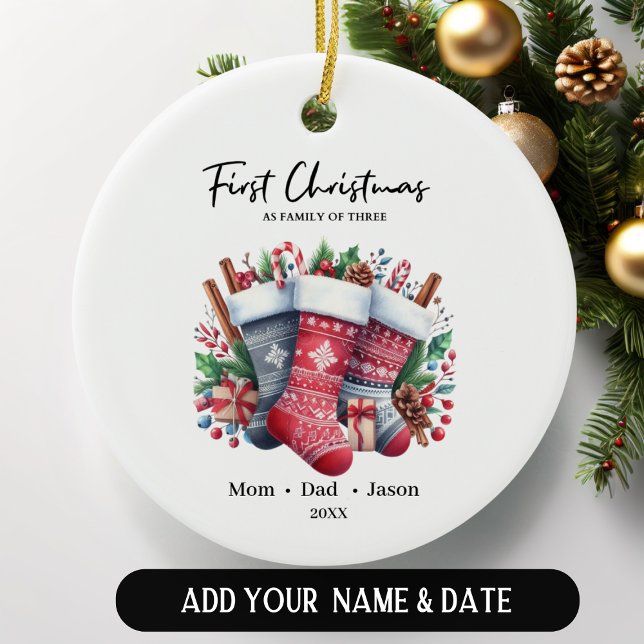 First Christmas as Family Of Three Stockings Ceramic Tree Decoration (Creator Uploaded)