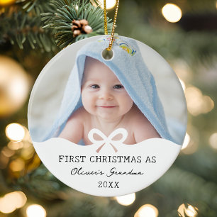 First Christmas As Grandma Bow Custom Photo Ceramic Tree Decoration