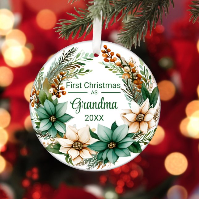 First Christmas as Grandma White Green Poinsettias Ceramic Tree Decoration (Creator Uploaded)