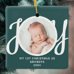 First Christmas As Grandpa Photo Keepsake Green Ceramic Ornament<br><div class="desc">This keepsake,  "First Christmas As Grandpa" photo ornament,  is decorated with the word 'JOY' in stylish script typography on a green background. Easily customisable.</div>