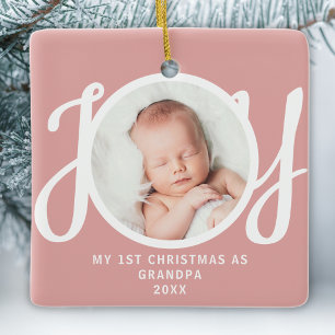 First Christmas As Grandpa Photo Keepsake Pink Ceramic Ornament