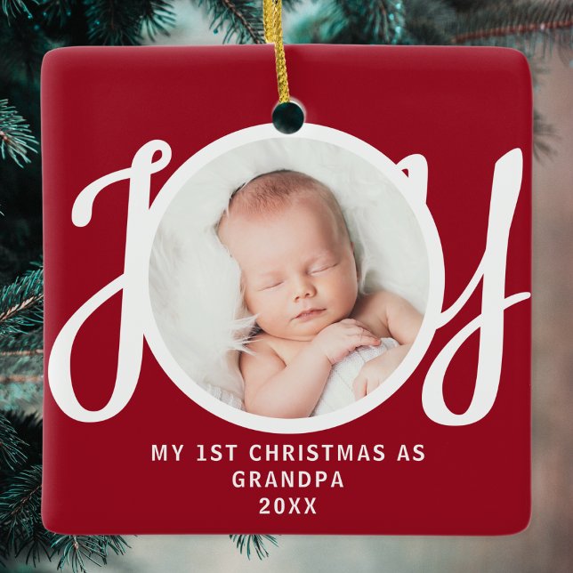 First Christmas As Grandpa Photo Keepsake Red  Ceramic Ornament (Creator Uploaded)
