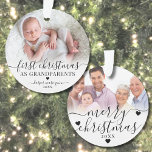 First Christmas As Grandparents 2 Photo Ornament<br><div class="desc">Our First Christmas As Grandparents 2 Photo Ornament. Celebrate the joy of becoming grandparents with this elegant, custom ornament, perfect for marking your first holiday season as grandma and grandpa. The front features a cherished photo of your grandbaby or a sweet moment with you and your new grandchild, adorned with...</div>