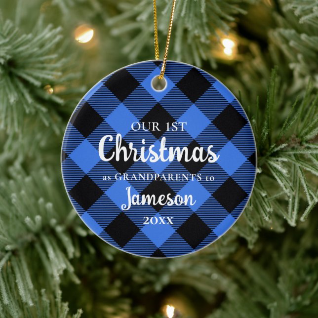 First Christmas as Grandparents Blue Plaid Photo Ceramic Tree Decoration (Tree)