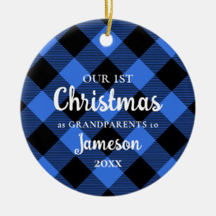 First Christmas as Grandparents Blue Plaid Round Ceramic Tree Decoration