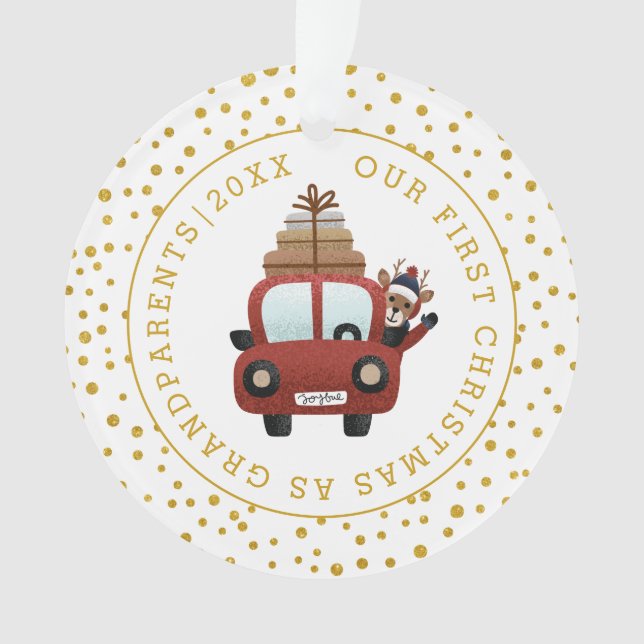 First Christmas as grandparents car gold photo Ornament (Front)