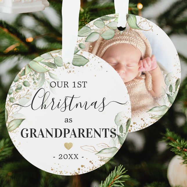 First Christmas as Grandparents Green Gold Photo Ornament (Creator Uploaded)