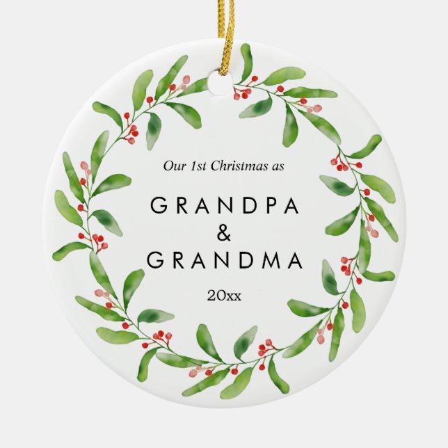 First Christmas As Grandparents Holly | Baby Photo Ceramic Tree Decoration (Front)