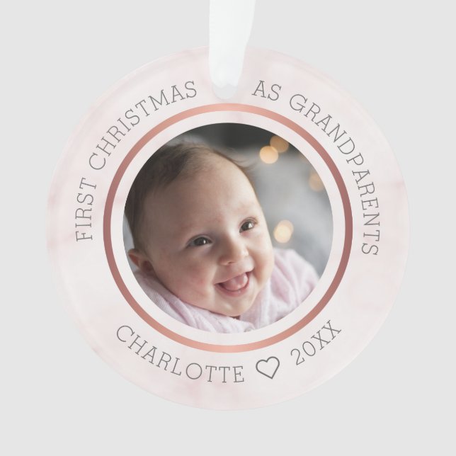 First Christmas As Grandparents Photo Pink Marble Ornament (Front)