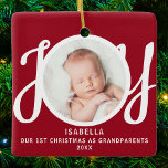First Christmas As Grandparents Photo Red Keepsake Ceramic Ornament<br><div class="desc">This keepsake First Christmas As Grandparents photo ornament is decorated with the word JOY in stylish script typography on a red background. Easily customisable.</div>