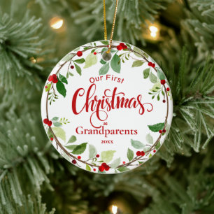 First Christmas as Grandparents Red Holly Ceramic Tree Decoration