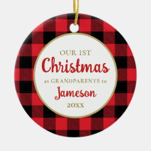First Christmas as Grandparents Red Plaid Round Ceramic Tree Decoration