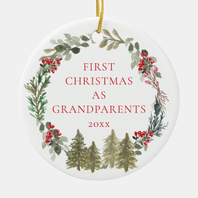 First Christmas as Grandparents Wreath Photo Ceramic Tree Decoration (Front)