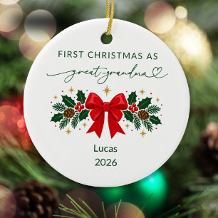 First Christmas as Great-Grandma Red Bow and Holly Ceramic Tree Decoration