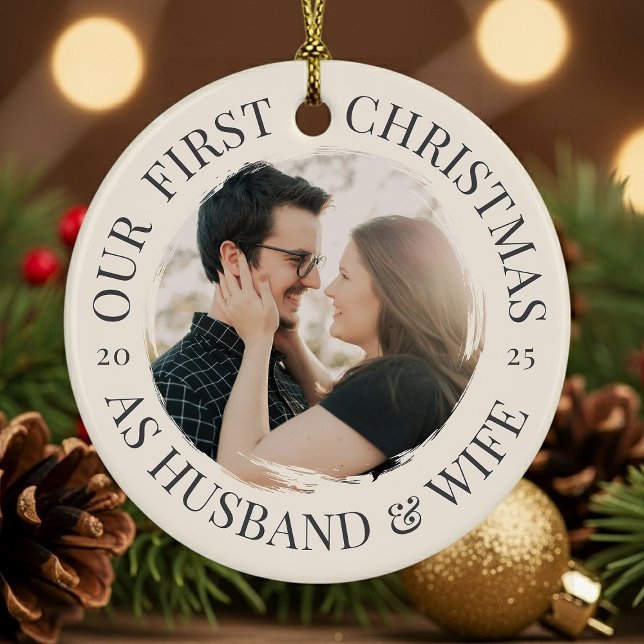 First Christmas as Husband & Wife Ceramic Tree Decoration (Front view—white ceramic round with “Our First Christmas as Husband & Wife” and year.)