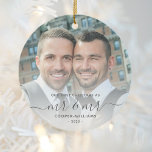 First Christmas as Mr and Mr LGBTQ Keepsake Ceramic Tree Decoration<br><div class="desc">Commemorate the first Christmas of your marriage with this beautiful modern keepsake ornament. The charcoal grey text reads "Our first Christmas as Mr & Mr, " with the words "Mr & Mr" in elegant handwriting script with flourishes before and after. Replace the sample image with your favourite photo, and add...</div>