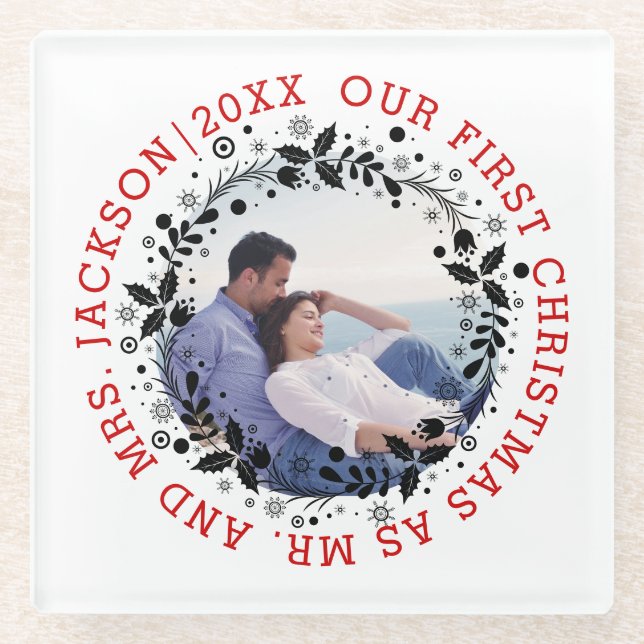 First Christmas as Mr and Mrs black wreath photo Glass Coaster (Front)