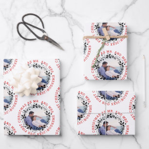 First Christmas as Mr and Mrs black wreath photo Wrapping Paper Sheet