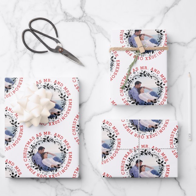 First Christmas as Mr and Mrs black wreath photo Wrapping Paper Sheet (Front)
