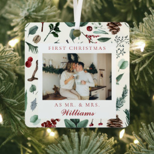 First Christmas as Mr. and Mrs. Botanical Photo Metal Tree Decoration
