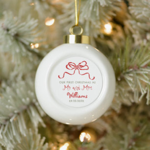 First Christmas As Mr and Mrs Bow Ceramic Ball Christmas Ornament