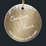 First Christmas as Mr and Mrs gold Ornament<br><div class="desc">Personalised Christmas ornament with "Our first xmas as Mr and Mrs" lettering on the front. Gold background looks very festive with white snowflakes frame! All text is editable. If you need to make futher changes to the design,  click on "Customise futher"</div>