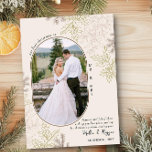 First Christmas as Mr and Mrs Oval Photo Holiday Card<br><div class="desc">Newlywed Christmas photo card lettered with "Our first christmas as mr and mrs" and personalised with your custom photo and greeting. Rustic miminalist design with nature inspried botanical line art of holly and pine in earthy neutral colours including dusty blush pink, brown and luxor gold. Your photo is displayed in...</div>