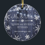 First Christmas as Mr and Mrs rustic winter Ceramic Tree Decoration<br><div class="desc">First Christmas Mr and Mrs elegant personalised keepsake tree ornament featuring snowflakes and white hanging string lights on a dark navy blue barn wood background.             A pretty keepsake gift for newlyweds.</div>