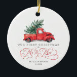 First Christmas as Mr and Mrs / Vintage Red Truck Ceramic Tree Decoration<br><div class="desc">This vintage inspired Christmas ornament features gorgeous watercolor illustration of a red truck carrying a pine tree. The text fields are fully editable except for the word "Christmas". Simply remove this word by clicking the delete button and add your own text if you require a different word.</div>