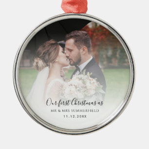 First Christmas As Mr and Mrs Wedding Photo Metal Tree Decoration