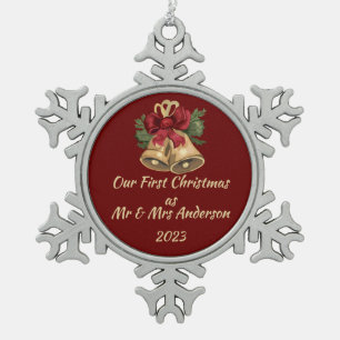 First Christmas as Mr & Mrs editable names & date Snowflake Pewter Christmas Ornament