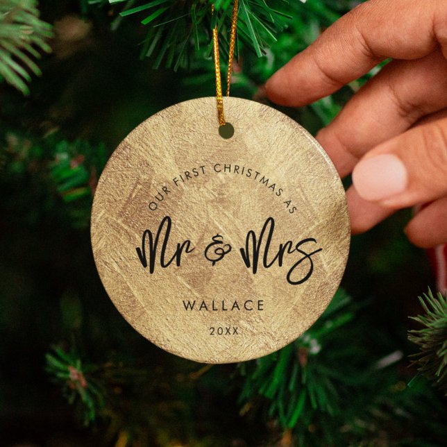 First Christmas as Mr & Mrs Faux Gold Photo Ceramic Tree Decoration (Creator Uploaded)