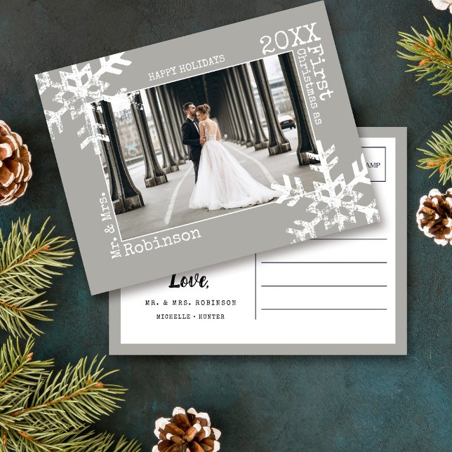 First Christmas as Mr & Mrs Light Grey Snowflake Holiday Postcard (Rustic snowflake newlywed holiday keepsake photo ornament perfect for gifts to bring joy to others.)
