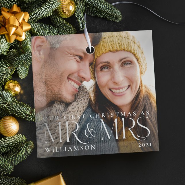 First Christmas As Mr & Mrs Modern Couple Photo Glass Tree Decoration (First Christmas As Mr & Mrs Modern Couple Photo Glass Ornament)