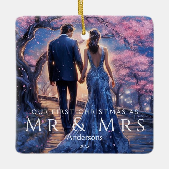 First Christmas As Mr & Mrs Modern Photo Couple Ceramic Ornament (Front)