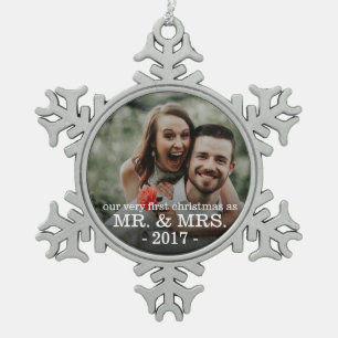 First Christmas as Mr & Mrs NEWLY WED Snowflake Pewter Christmas Ornament